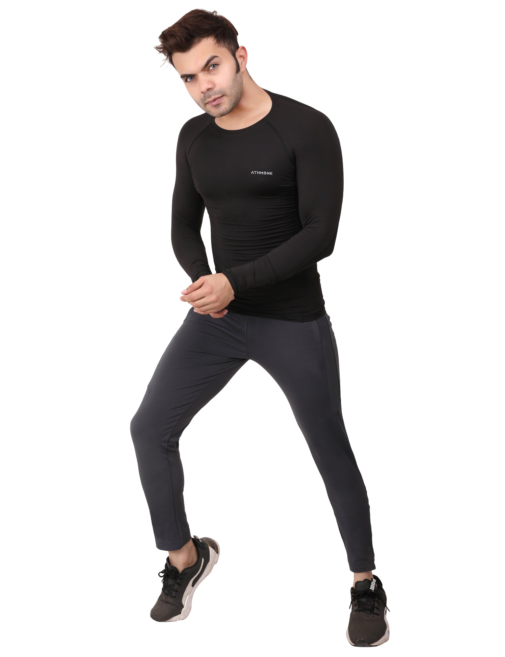 Athmonk Compression T-Shirt Vest Upper Body Shaper for Men Boys Branded - 4-Way Stretch Lycra Fabric - Workout Gym Cricket Running Football Sports Training - Keep Dry Tight Skin Fit - Round Neck